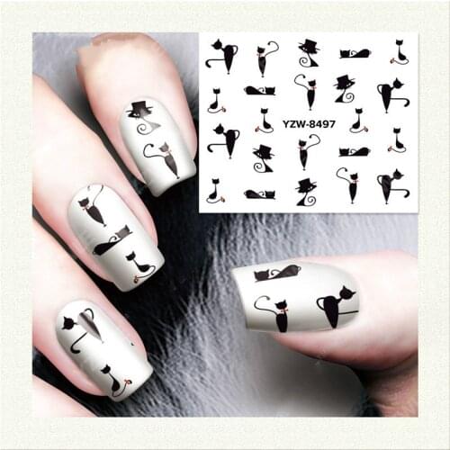 2 Sheets Cute Cats Nail Stickers Women Black Water Decals Charms Manicure 3d Cartoon Decorations Decorative Animals Design Diy