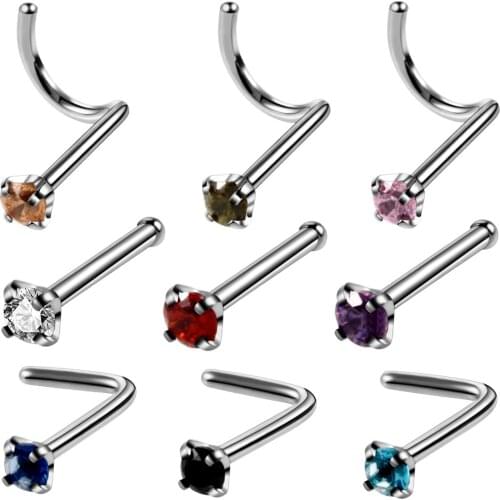 9pcs/lot Steel Round Zircon Colorful Straight Bar Nose Bone Studs Retainer Nazir L Shape Nose Screw Stud Piercing Jewelry 20g