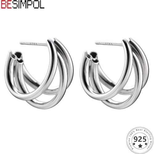 Besimpol Genuine 925 Sterling Silver Earrings Advanced Three-layer Semicircle Stud Earring For Women Luxury Fashion Fine Jewelry