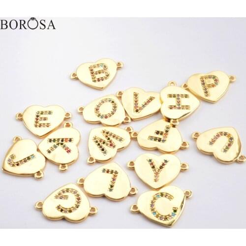 BOROSA 20Pcs New Heart Shape Connectors Micro Paved CZ Letter Pendant Gold/Silver Plated Diy for Women Bracelets&Necklace WX1340