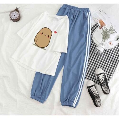 Pant Suits for Women Sportswear Women Set Streetwear T Shirt Kawaii Potato Short Sleeve Top Female Tracksuit Set Trousers Female