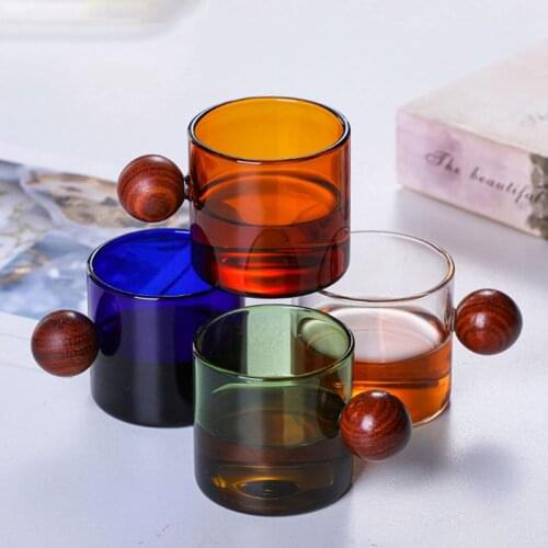Wood Ball Handle Coffee Cup Colorful Glass Tea Cup Water Coffee Mug Japanese Style Home Glass Cups Drinkware