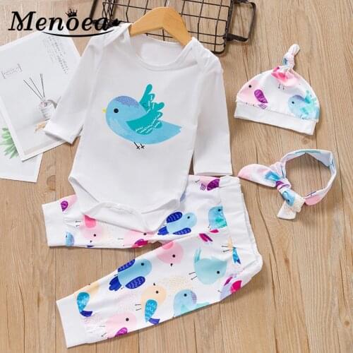 Menoea Newborn Baby Boys Girls Clothes spring Autumn Infant Long Sleeve Bird Print T-Shirt Comfy Pants Hat Headband Outfits Set