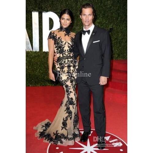 Kuwait Vestido Custom Camila Alves Attends Oscar After-party High Collar black Lace Applique Champagne Celebrity Dresses