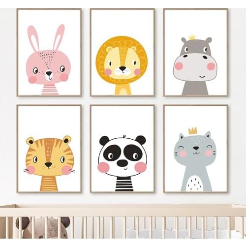 Cute Lion Tiger Panda Rabbit Cat Hippo Wall Art Canvas Painting Nordic Posters And Prints Animals Wall Pictures Kids Room Decor
