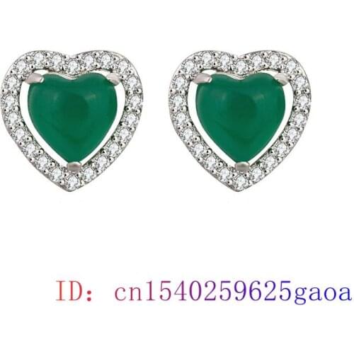 Jade Heart Ear studs Green Earring Amulet Natural Women Fashion Gifts 925 Silver Chalcedony Jewelry