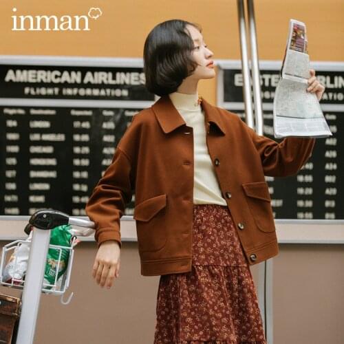 INMAN Winter Retro Art Lapel Loose Woolen Jacket Pure Color Womens Coat