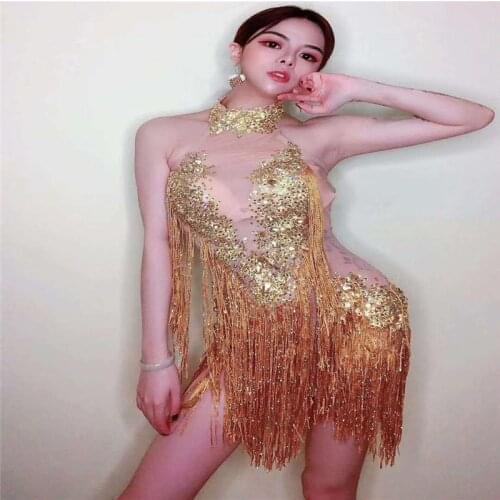 Sexy Gold Tassel Pole Dance Clothing Jazz Sequin Wear Women Performance Costumes Dj Singer Stage Clothes Woman Party Outfit