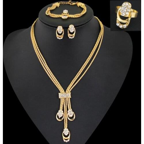 Gold-color Filled Austrian Crystal Ancient Egyptian Culture Necklace Bracelet Earrings Ring Wedding 4-Piece Jewelry Set