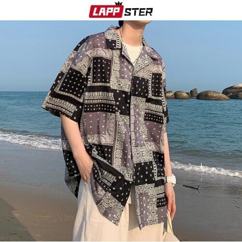 LAPPSTER Men Harajuku Designer Streetwear Shirts 2021 Summer Mens Short Sleeve Japan Fashion Shirts Male Korean Vintage Blouses