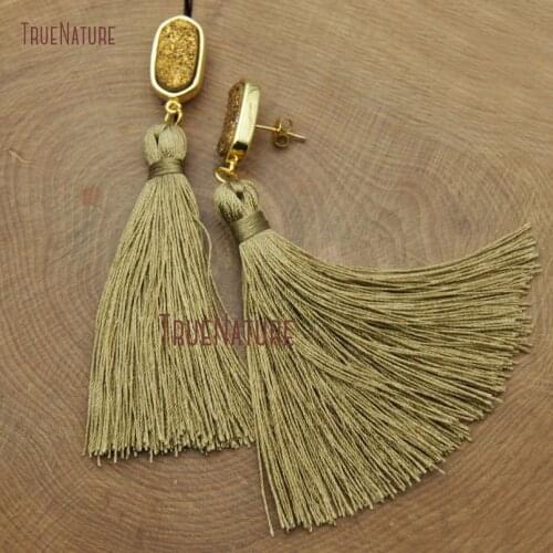 Wholesale Fashion Ginger Silk Fringe Tassel Stud Boho Earrings Gold Titanium Roundrect Druzy Charm For Female 3.5 inch ER9236