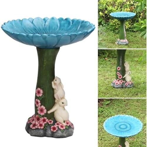 Resin Standing Blue Sunflower and Rabbit Statue Outdoor Birdfeeder Resin Decoration Cute Garden Ornament for Garden