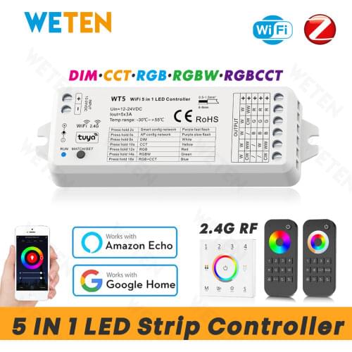 5 in 1 Wifi LED Controller for RGBCCT RGBW RGB CCT LED Strips DC 12V 24V, Tuya Smart Life App RF 2.4G, Support Alexa Google Home