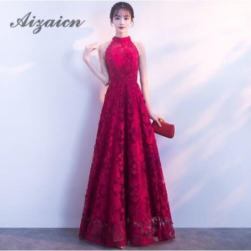Wine Red Summer Women Sexy Flowers Lace Evening Dress Hang Neck Backless Bridesmaid Party Dresses Halter Long Cheongsam Gown