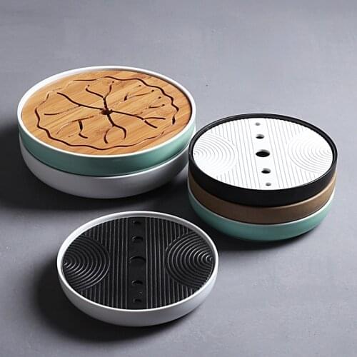 Japanese Bamboo Tea Tray Water Storage Round Serving Kung Fu Tea Set Tea Tray Table Decorative Bandeja Bambu Teaware DI50CP
