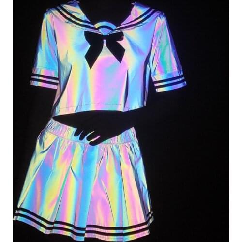 2021 Summer Women Colorful Reflective T Shirt+Pleated Skirt Harajuku Sexy Crop Top Reflect Light Sailor Suit 2 Piece Set 4XL