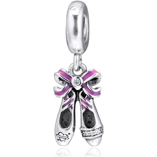 Pink Enamel Bow Ballerina Shoes Silver Charms for Bracelets & Bangles Women DIY Jewelry Ballet Dance Dangle Silver 925 Jewelry