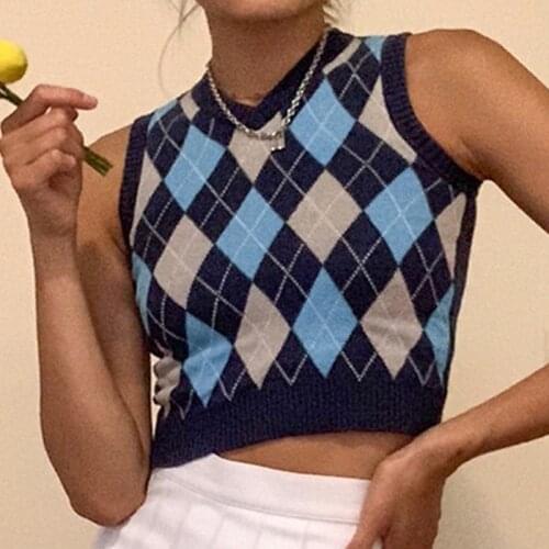 YICIYA Plaid Knitted Crop Sweater Casual Autumn Preppy Style Vintage V-neck Tank Top Vests Sweater Vest Women Black Sleeveless