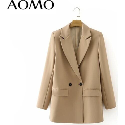 AOMO Women Khaki Blazer Coat Vintage Notched Collar Pocket 2021 Fashion Female Casual Chic Tops DA02A