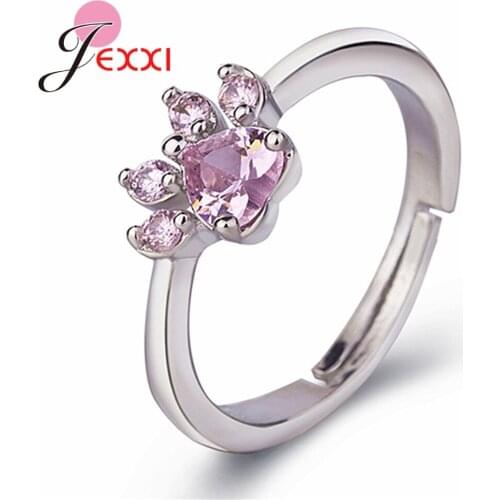 Women 925 Sterling Silver Rose Gold Color Finger Rings Natural Cat Paw Crystal Cute Cat Korean Popular Cubic Zirconia Jewelry