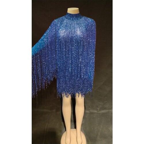 Women Sexy Stage Long Sleeves See Through Full Fringe Dress Women Sexy Stretch Outfit Short Dress Bar Dance Tassel Dress