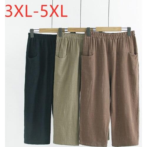 New 2021 Ladies Summer Plus Size Cropped Pants For Women Large Loose Casual Khaki Cotton Pocket Wide Leg Trousers 3XL 4XL 5XL