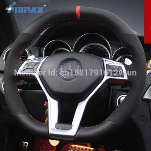 For Benz C63 AMG High Quality Hand-stitched Anti-Slip Black Leather Black Suede Red Thread DIY Steering Wheel Cover