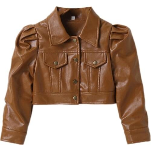 Kids Coat, Girls PU Solid Color Turn-Down Collar Long Sleeve Jacket Tops for Spring Fall, Brown/Black, 2-7 Years