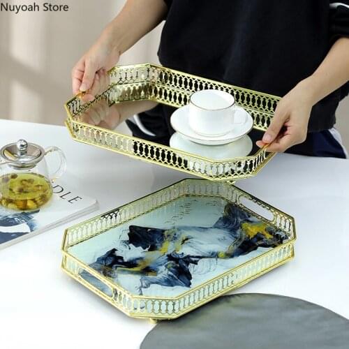 Metal Glass Tray Rectangular Living Room Home Tea Tray Tea Set Tea Cup Water Cup Desktop Storage Tray Nordic Home Decoration
