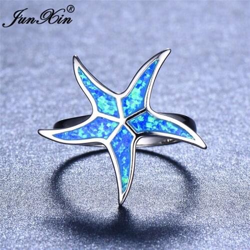 Cute Female Starfish Animal Ring Fashion silver color Wedding Rings For Women Boho Blue Fire Opal Stone Engagement Ring