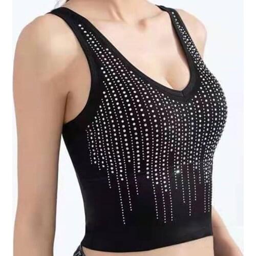 New Black White Knitting Shirt Summer Sexy Sleeveless Hot Drilling Camisole Womens Spaghetti Strap Short Vest Backless Crop Top