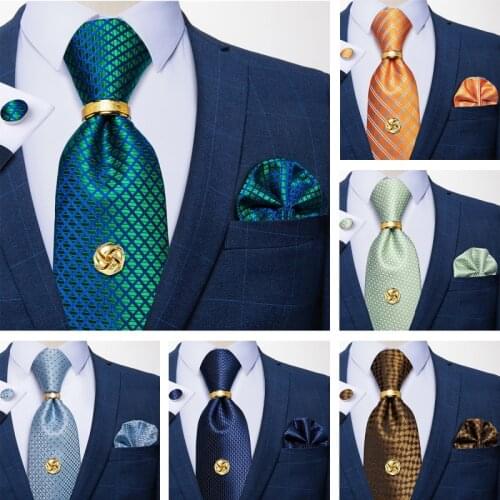 New Fashion Mens Ties 100% Silk Neck Tie Handkerchief Set Luxury Teal Blue Plaid Ties Gold Ring Tie Tack Gift For Men DiBanGu