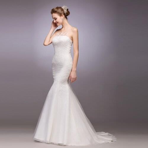 New Arrival long mermaid Wedding Dress lace appliques 2015 see through back button brides dresses vestido de noiva louisvuigon