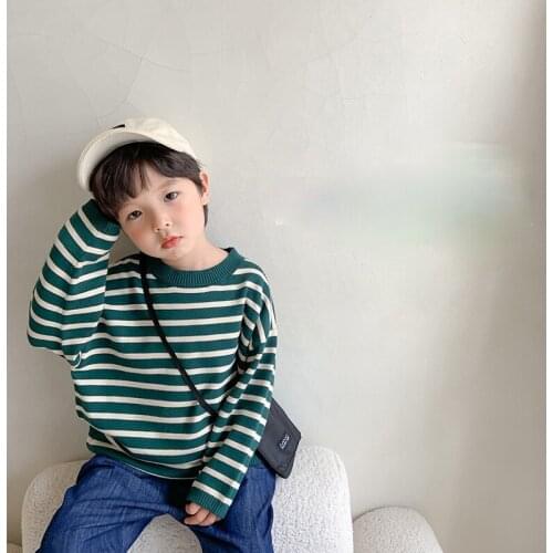 2021 Fall/Winter Boys Knitted Soft Striped Sweater Childrens All-match Loose Long Sleeve Pullover