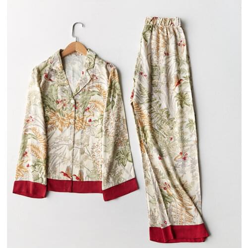 Spring New Casual Long Sleeve Satin Pajama Set Green Grass Printing Sleepwear Loungewear Women Turn-down Collar Pijama Mujer