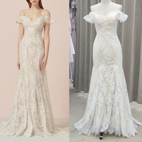 Retro Lace Mermaid Bride Gown Backless Champagne Zipper Floor Length Wedding Party Custom Made Real Photo Plus Size #1895