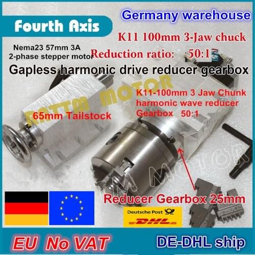 DE ship/free VAT 4th rotary axis Gapless harmonic reducer Gearbox 3 jaw K11-100mm dividing head&Tailstock for CNC ROUTER MACHINE
