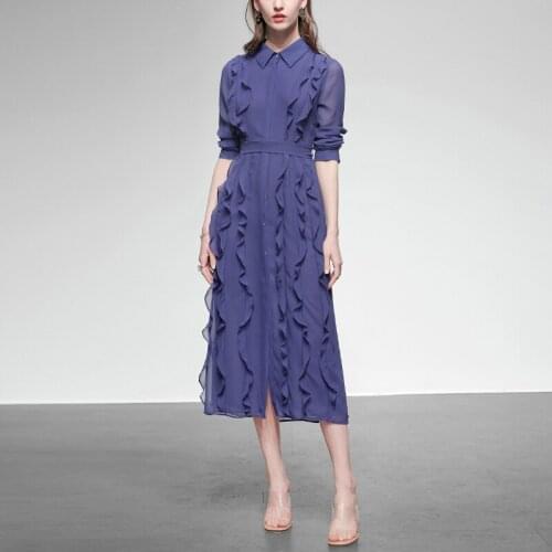 Chiffon Women Dress 2020 Summer New Womens Ruffled Patchwork Single-Breasted Turn-Down Collar Shirt Dress With Belt