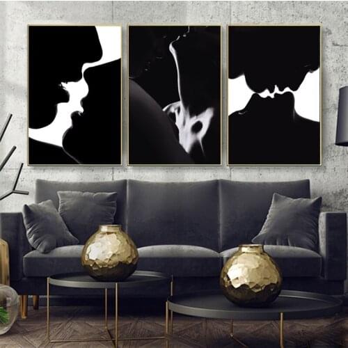 Modern Portrait Posters and Prints Wall Art Canvas Painting Young Couple in Love Kiss Pictures for Living Room Decor No Frame