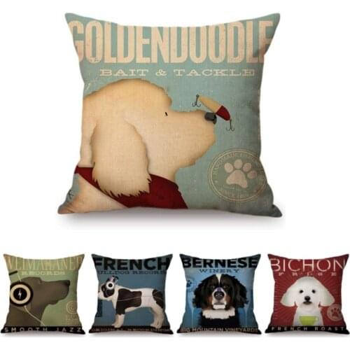 Vintage Dog Poster Art Home Decorative Sofa Throw Pillow Case Vizsla Labrador Goldendoodle Golden Retriever Linen Cushion Cover