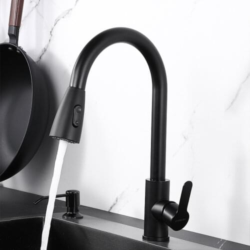 Midnight Black Stainless Steel Kitchen Sink Faucet Single Hole Hot And Cold Water Mixer Deck Mounted Tap Round Tank Spigots