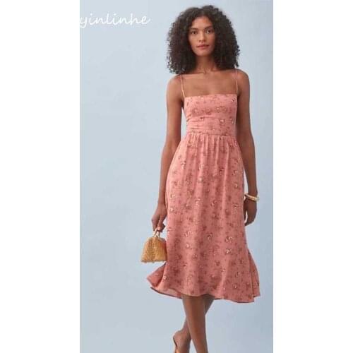 Yinlinhe Red Floral Elastic Slim Braces Midi Dress Women Backless Sexy Summe Dress High Waist Vintage Party Dresses Packets 2178