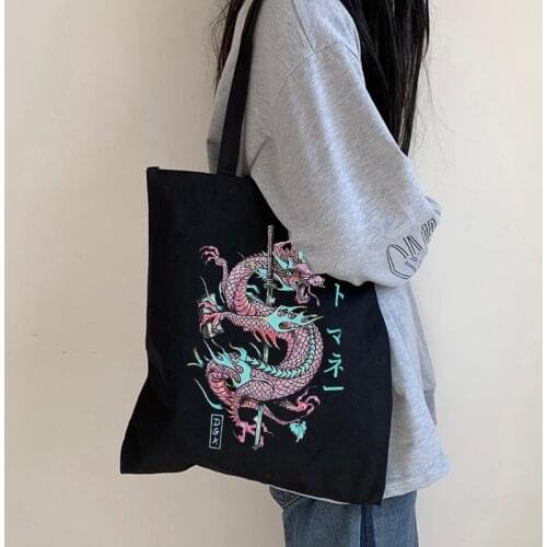Gothic dragon print dark large-capacity casual Vintage canvas bag Hip-hop Harajuku women shoulder bags ins punk shopper bags