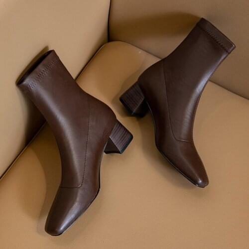 Genuine Leather Winter Warm Women Short Ankle Boots Elegant Square Toe Chelsea Boots High Heels Dancing Shoes Woman