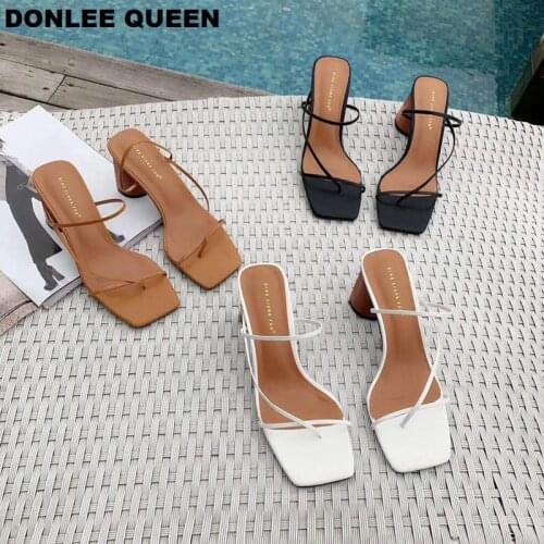 2019 Summer Elegant Women Narrow Band Slides High Heel Slippers Female Peep Toe Wood Block Heel Sandals For Party Shoes Slippers