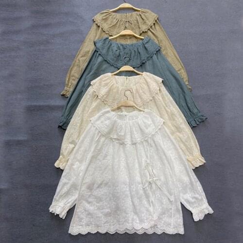 Johnature 2021 Autumn New Embroidery Mori Women Tops Vintage Ruffles Collar Bandage Loose Full Sleeve Female Shirts