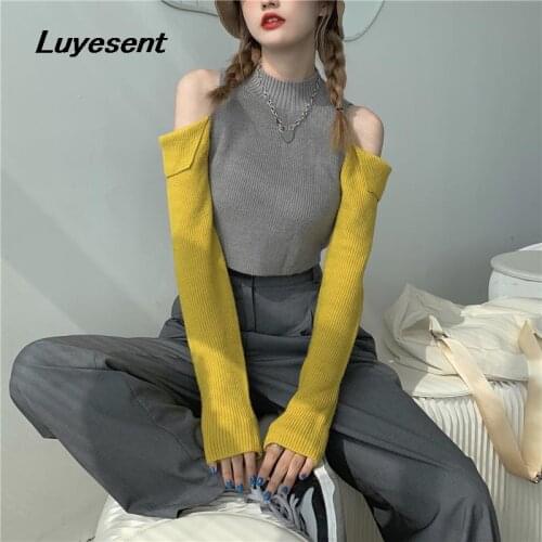 Vintage Lady Pull Short Length Sweawter Autumn Women Basic Contrast Color Off Shoulder Sweaters Korean Fashion Crop Knitted Top