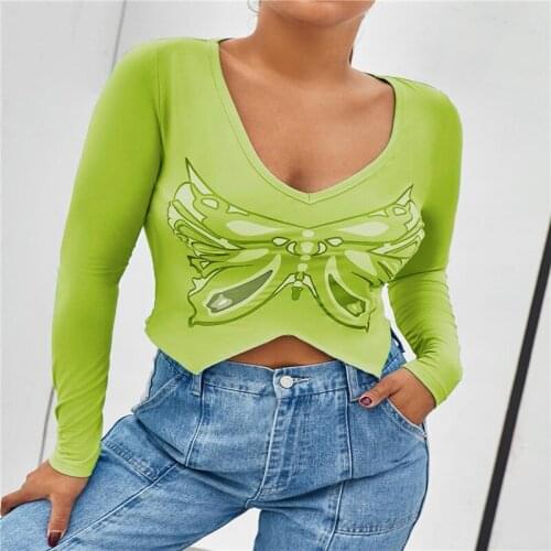 New Ladies Y2k Butterfly Print Crop Tops Sexy Womens V Necklong Sleeve Irregular Hem T-shirts Slim Fit Tee Top For Daily Wear