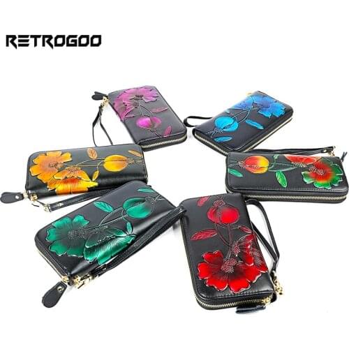 RETROGOO Genuine Leather Women Wallet Fashion Flower Embossing Clutch Purse Femle Money Bag Card Holder Coin Pocket Lady Cartera