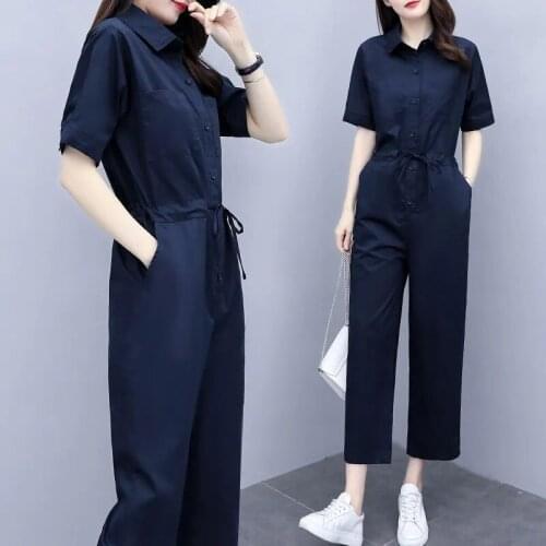 2021 Summer New Fashion High waist Jumpsuit Womens Korean Slim Rompers Short Sleeve Shirt Jumpsuit Casual Loose Sports Jumpsuits